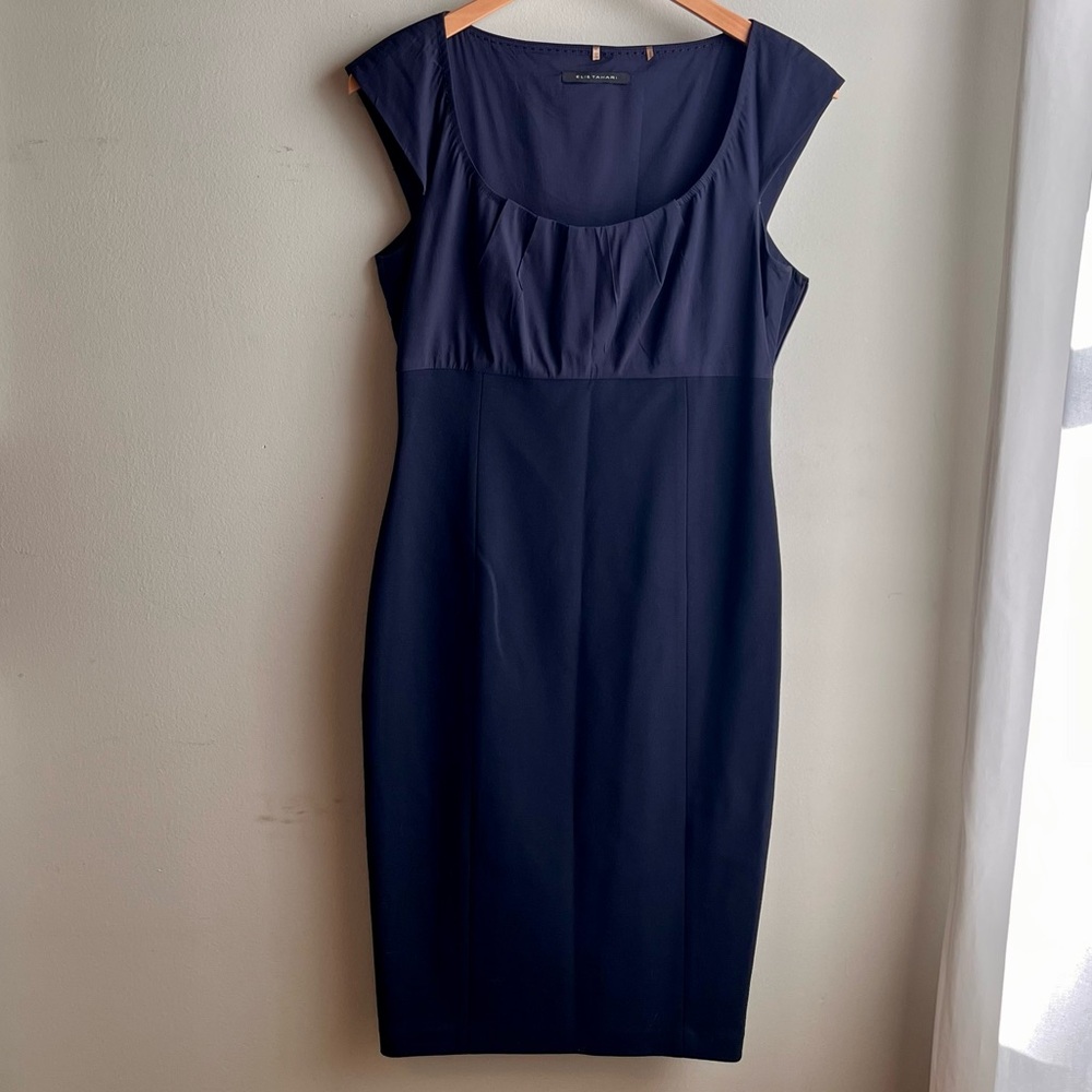 Ann Taylor Navy Sheath Dress Cap Sleeve Pleated Neckline Size 6